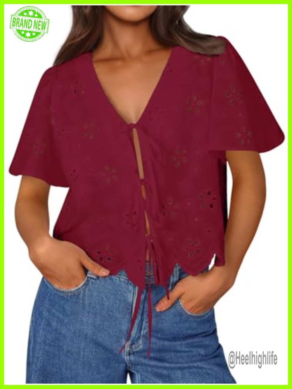 Womens Cotton Tie Front Blouse Eyelet Embroidered Crop Top